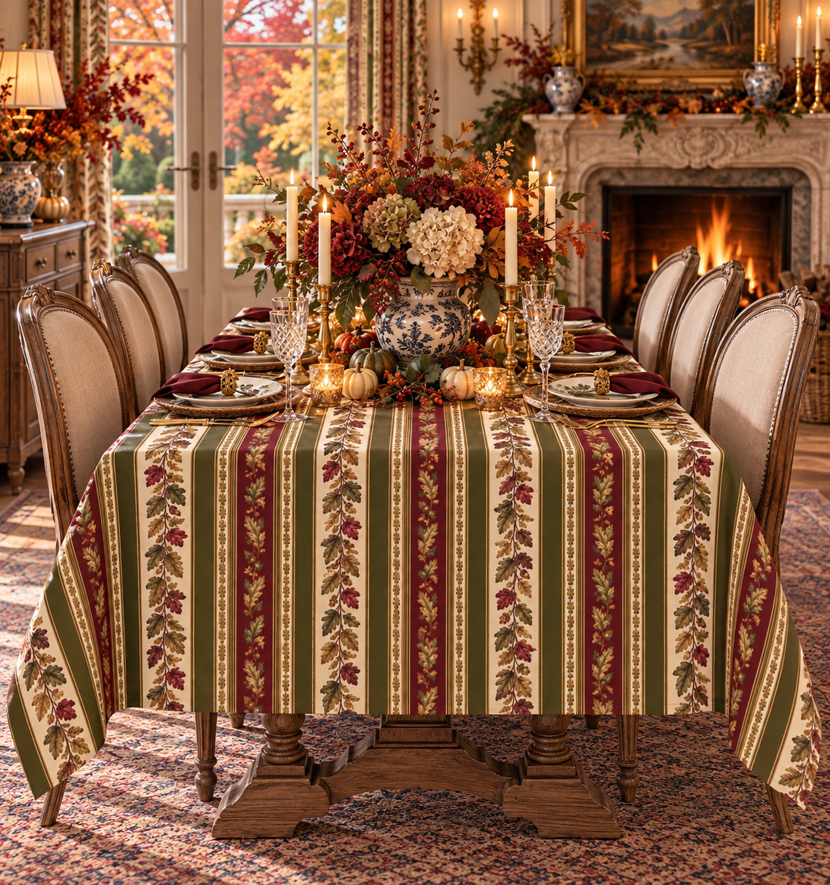 French Country Autumn Stripe Tablecloth – Olive Green, Burgundy & Gold Oak Leaf Botanical Dining Room Table Decor