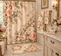 Peach Rose Soft Sage Château Bathroom Set, French Country Script Shower Curtain, Memory Foam Bath Mat & 3-Piece Towel Set, Peach & Sage Chateaucore Decor