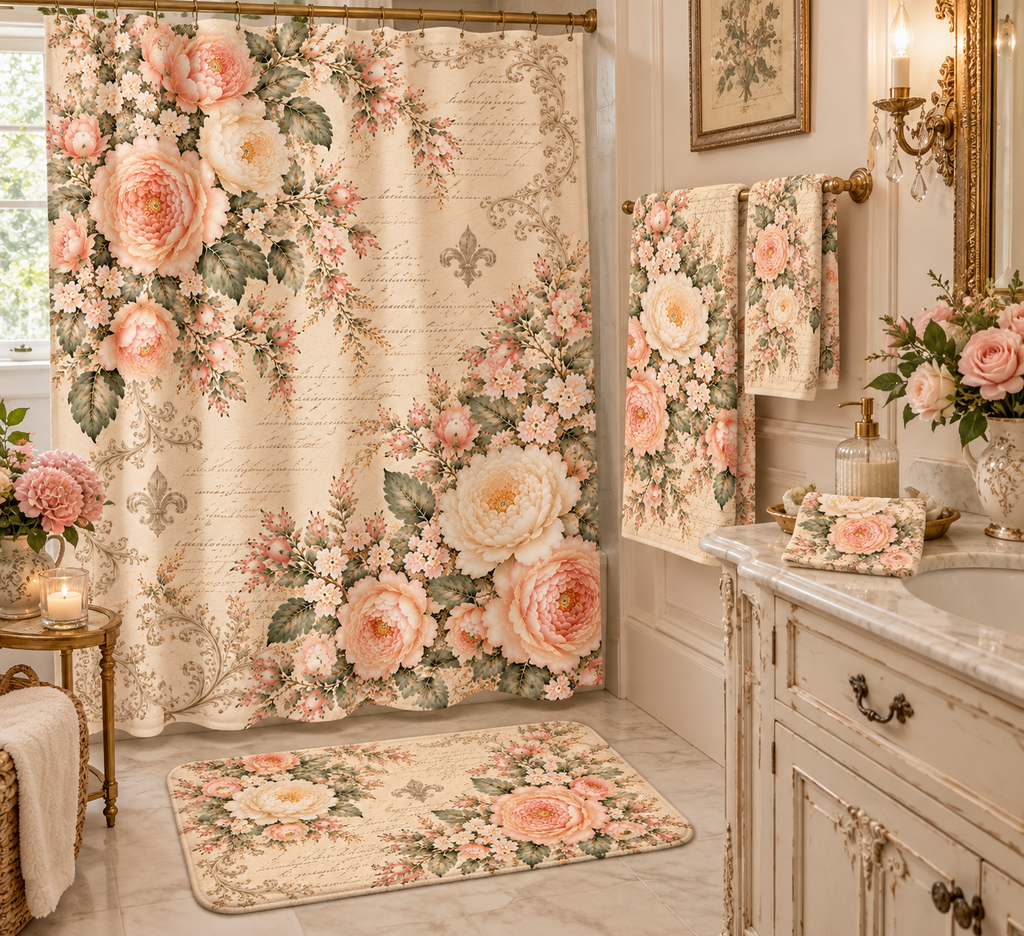 Peach Rose Château 3-Piece Towel Set French Country Peach Floral Script Fleur de Lis Bath, Hand & Washcloth Bundle, Soft Sage Chateaucore Bathroom Decor