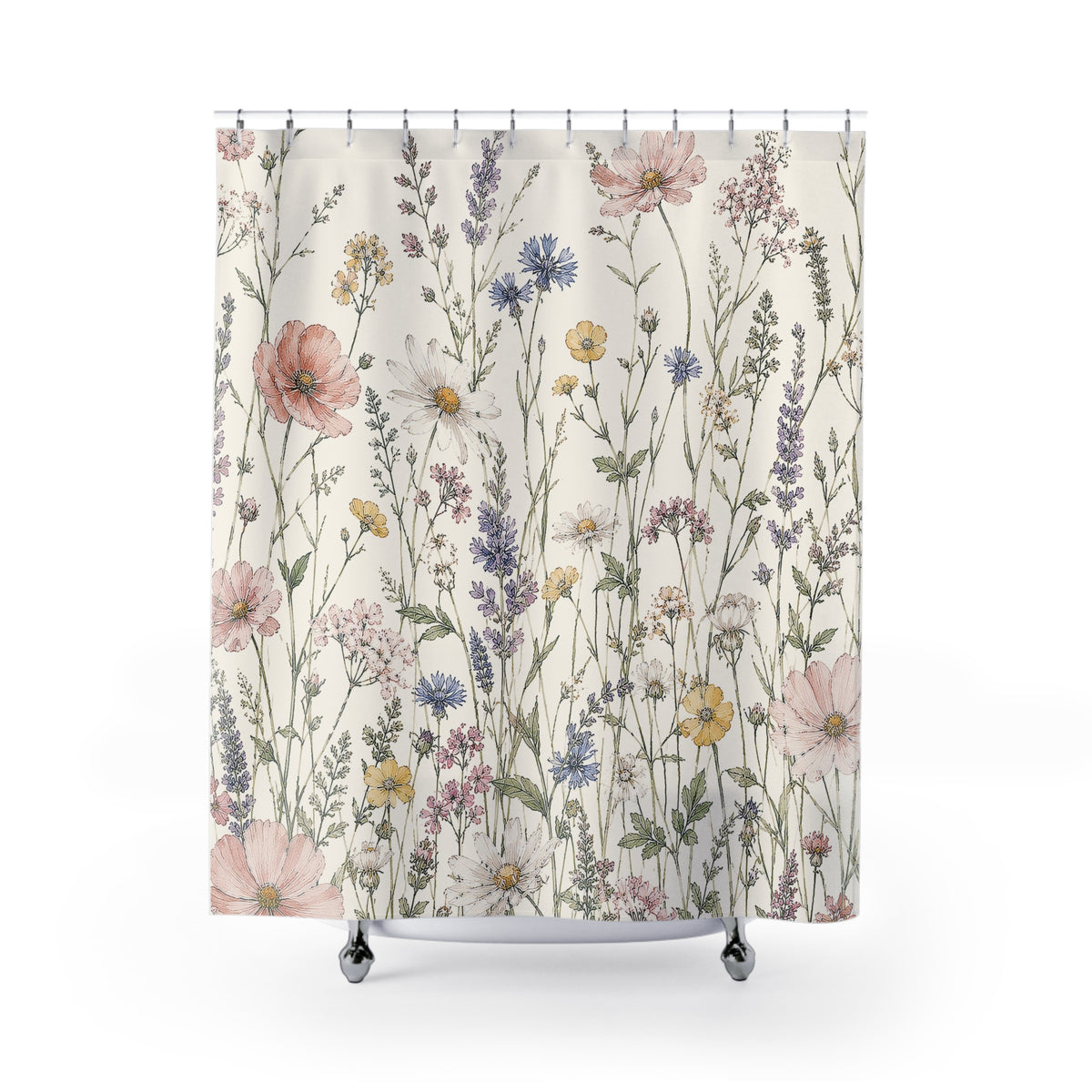 Wildflower Shower Curtain, Floral Bathroom Decor, Cottagecore Bath Pastel Flower Bathroom, Feminine Farmhouse Decor, Botanical Home Gift