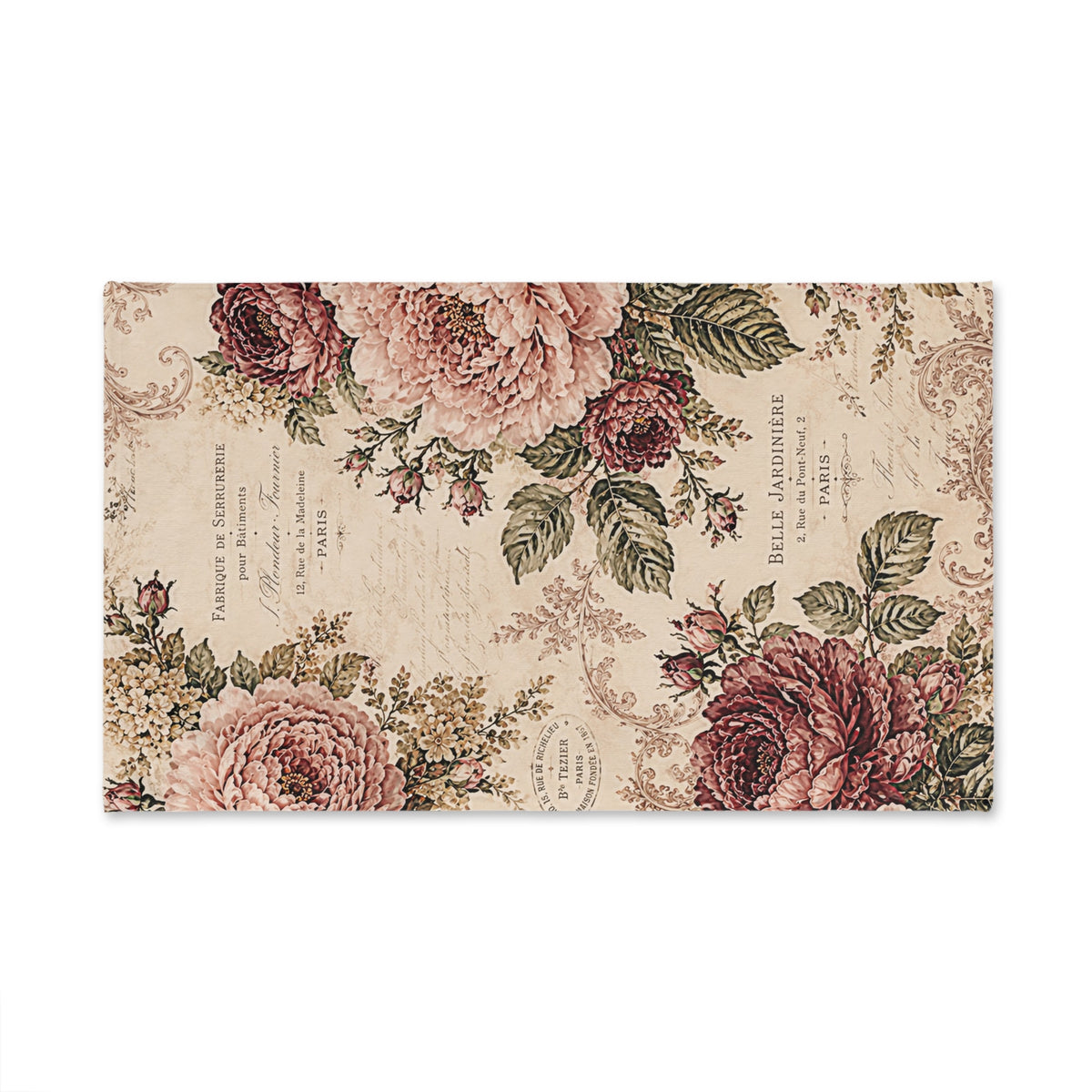 Vintage French Rose Hand Towel – Burgundy & Blush Floral Script Paris Botanical, Victorian Chateaucore Romantic Country Shabby Chic Bathroom Decor
