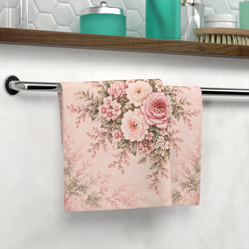 A pink floral bathroom washcloth hanging from a chrome towel bar on a white tiled wall, with a wooden shelf and teal bathroom accessories in the background.
