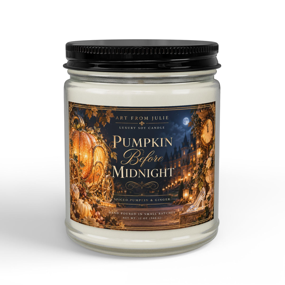 Pumpkin Before Midnight – Spiced Pumpkin & Ginger Soy Candle | Amber or Clear Jar with Lid Enchanted Fairytale Chateau Candle