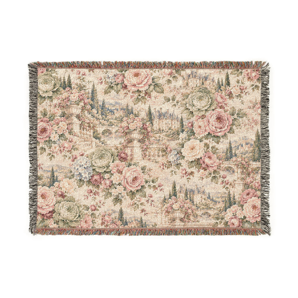 Antique Rose Cabbage Chintz Woven Blanket – French Country Floral Tapestry Throw, Romantic Grandmillennial Decor