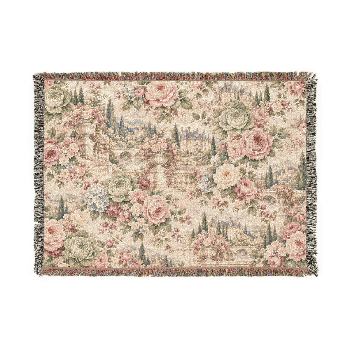 Antique Rose Cabbage Chintz Woven Blanket – French Country Floral Tapestry Throw, Romantic Grandmillennial Decor