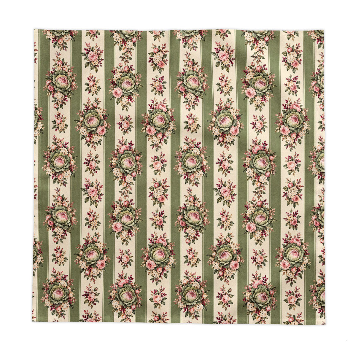 Vintage Cabbages Roses Floral Stripe Tablecloth, Square Rectangle Cottagecore Sage Green Blush Pink Shabby Chic Dining Linen