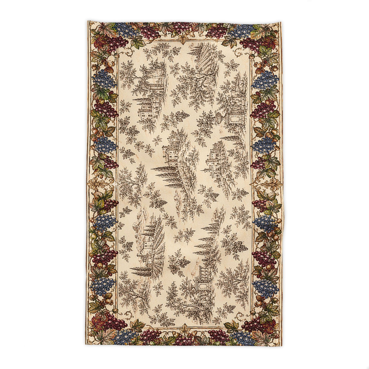 Tuscan Vineyard Tablecloth - Vintage Grape Border Table Linen French Country Italian Toile Tablecloth, Burgundy Blue Grapes Antique Gold