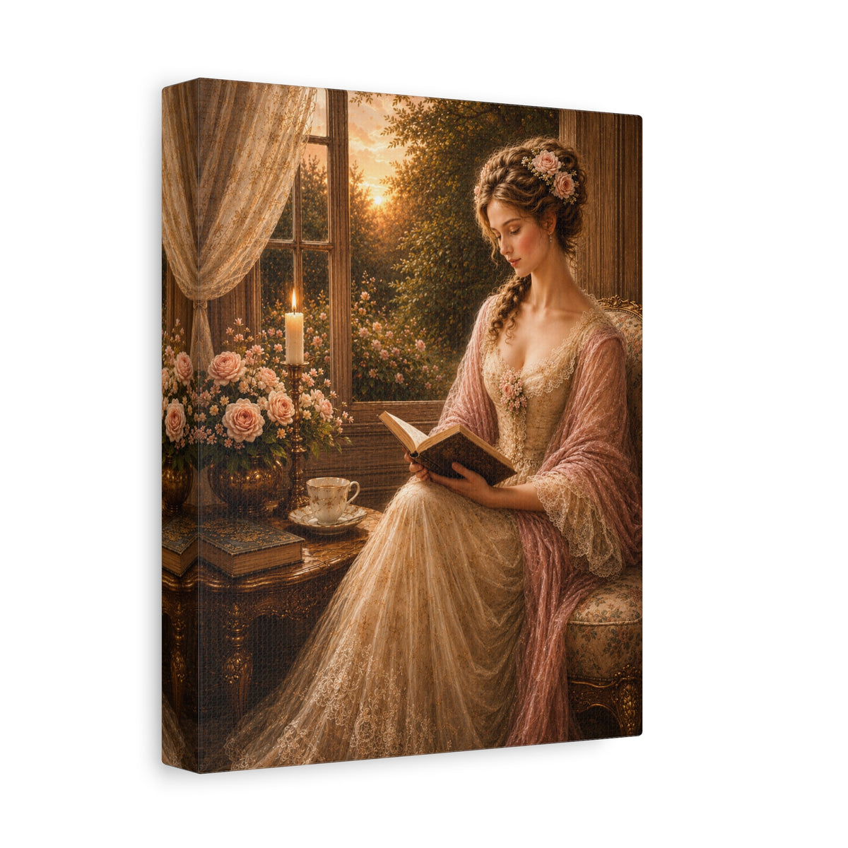 Victorian Pink Lady Reader Roses Canvas Wall Art Print, Feminine Wall Hanging Decor, Vintage 1800's Ladies, Home Decor, Gift for Her