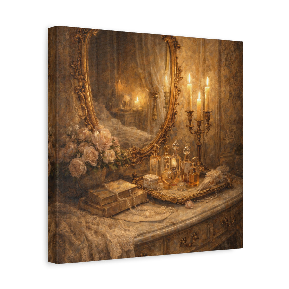 French Country Perfume Vanity Canvas Wall Art Print, Chateaucore Floral Wall Hanging Decor, Victorian Romantic Home Decor, Gift Mom Grandma