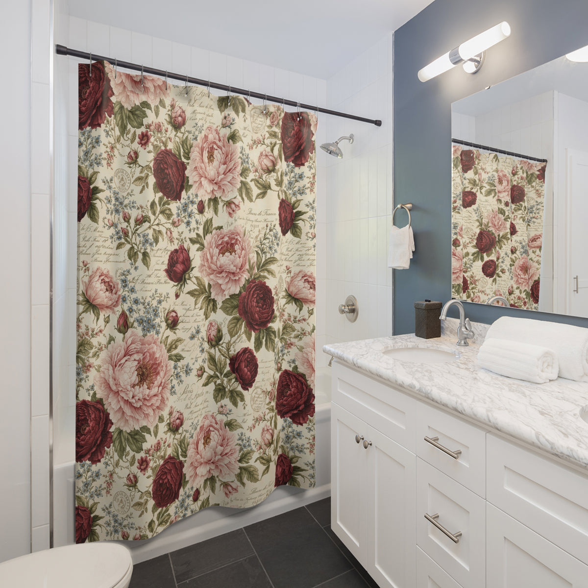 Burgundy Pink Roses French Script Floral Fabric Shower Curtain, Victorian Bathroom, French Country Cottage, Shabby Chic Bath