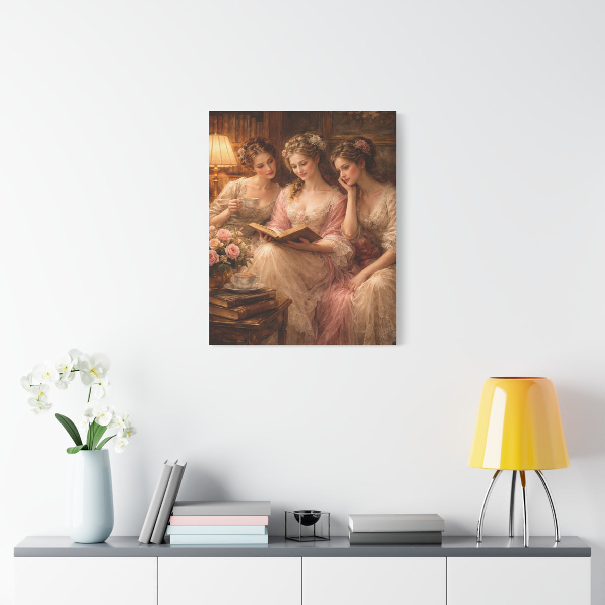 Victorian Pink Ladies Reading Nook Roses Canvas Wall Art Print, Women Wall Hanging Decor, Vintage Bookish Lady, Bedroom Decor, Gift for Her