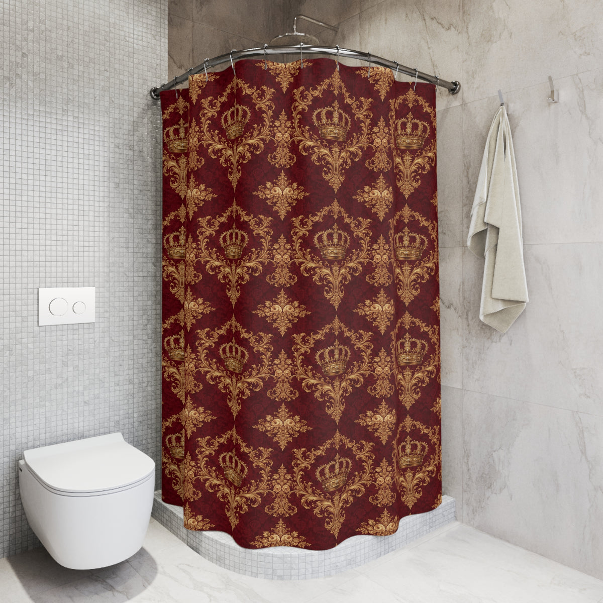 Luxury Burgundy Gold Crown Shower Curtain, Victorian Bathroom Decor, French Country, Rococo Royal Housewarming Gifts