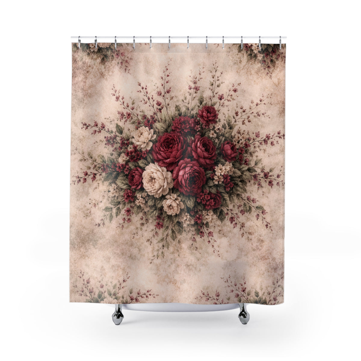 Burgundy Rose Memory Foam Bathmat, Floral  Shower Curtain, French Country Chateaucore Victorian Shabby Chic Romantic Decor