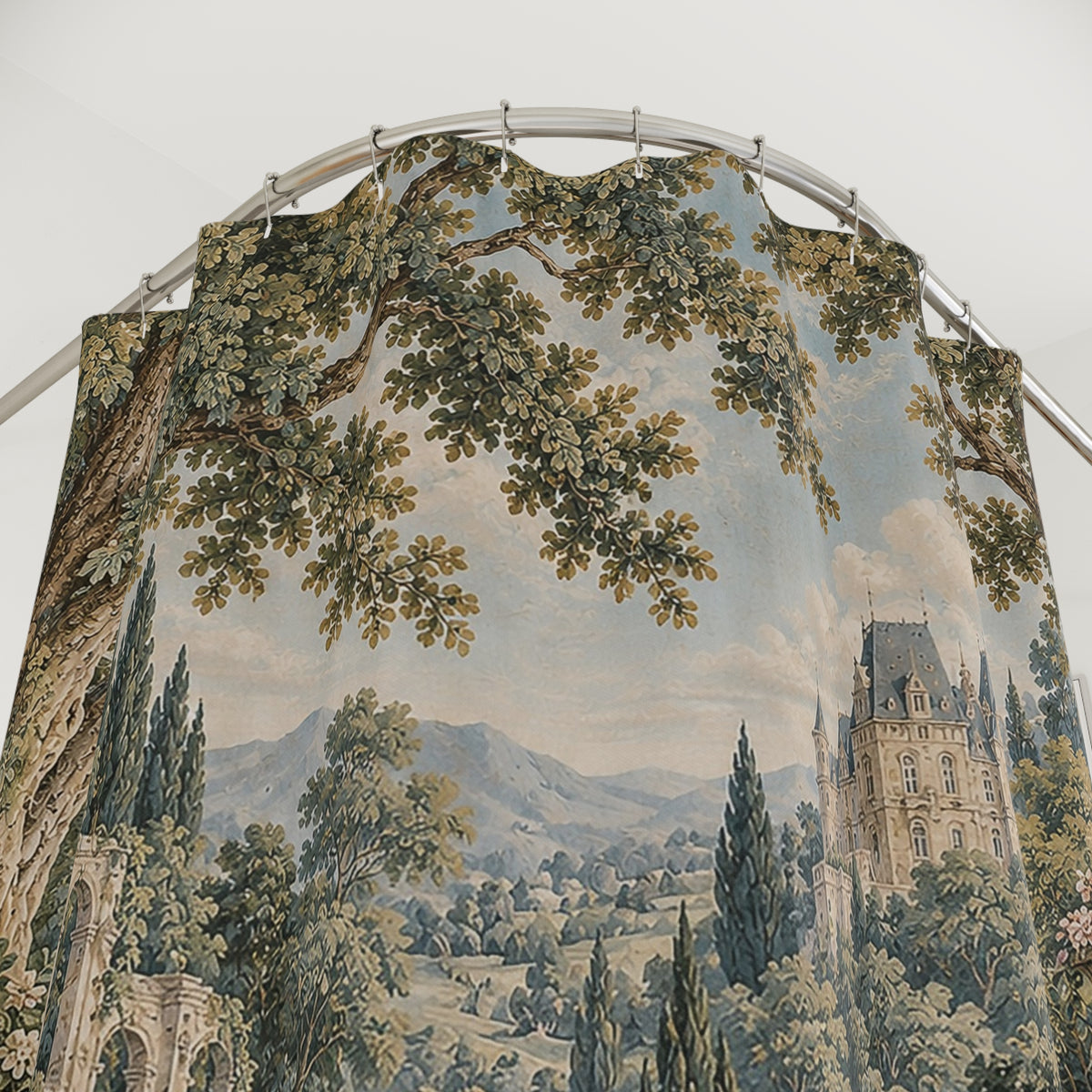 French Verdure Shower Curtain – Chateau Garden Swans – Vintage Aubusson French Country Bathroom Decor