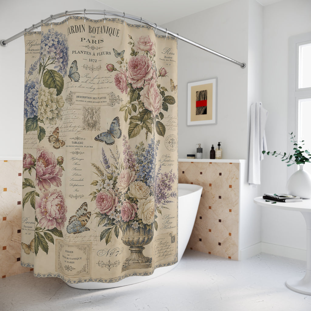 French Botanical Script Fabric Shower Curtain, Hydrangea Roses Peonies Butterflies, Vintage Floral French Country Bathroom