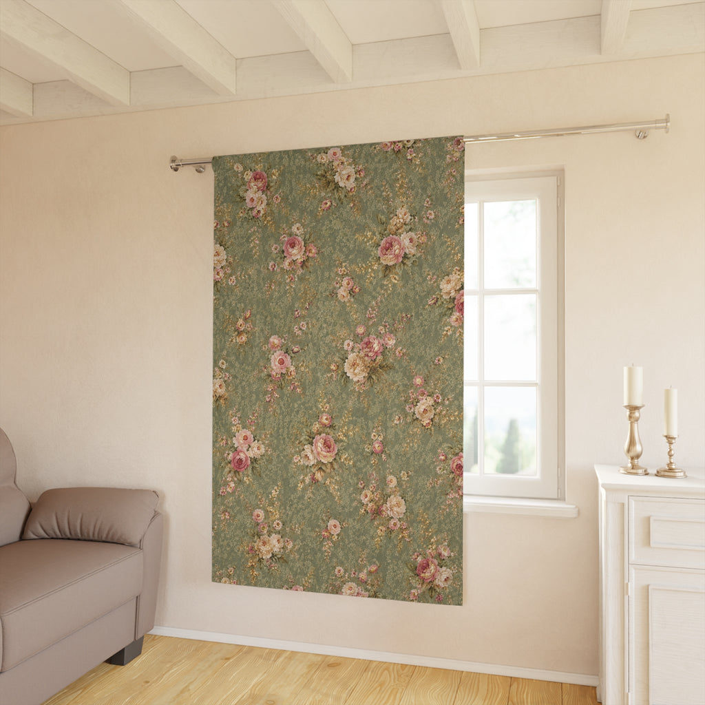 Victorian Sage Gold Pink Floral Rose Pattern Long Black Out Curtains, Chateaucore French Country Green Rose Window Curtains