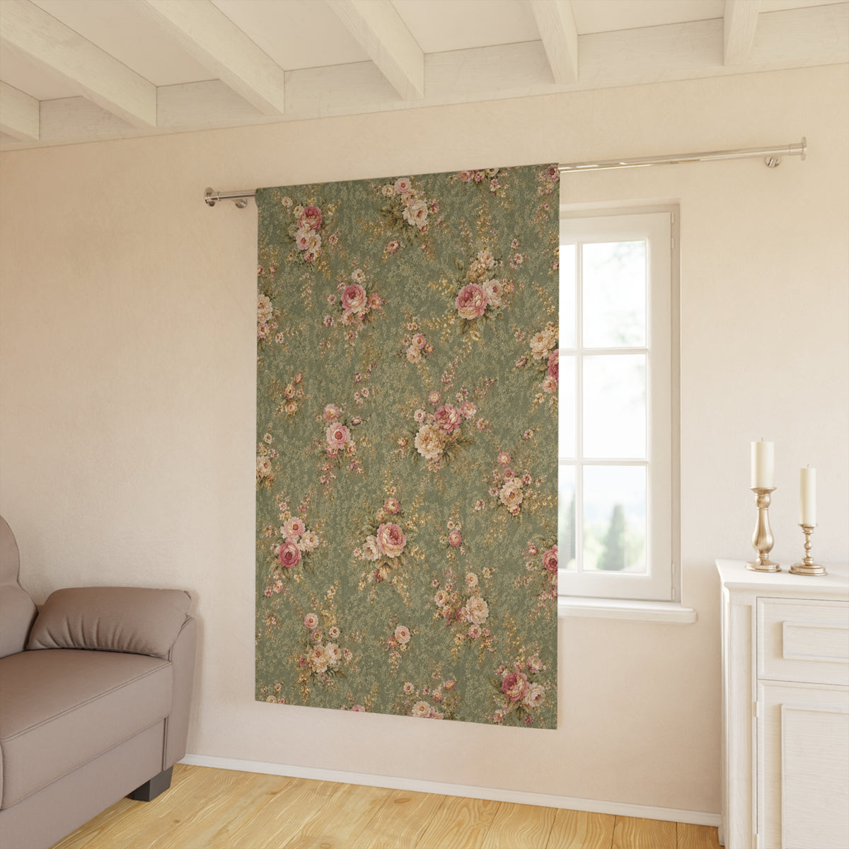Victorian Sage Gold Pink Floral Rose Pattern Long Black Out Curtains, Chateaucore French Country Green Rose Window Curtains