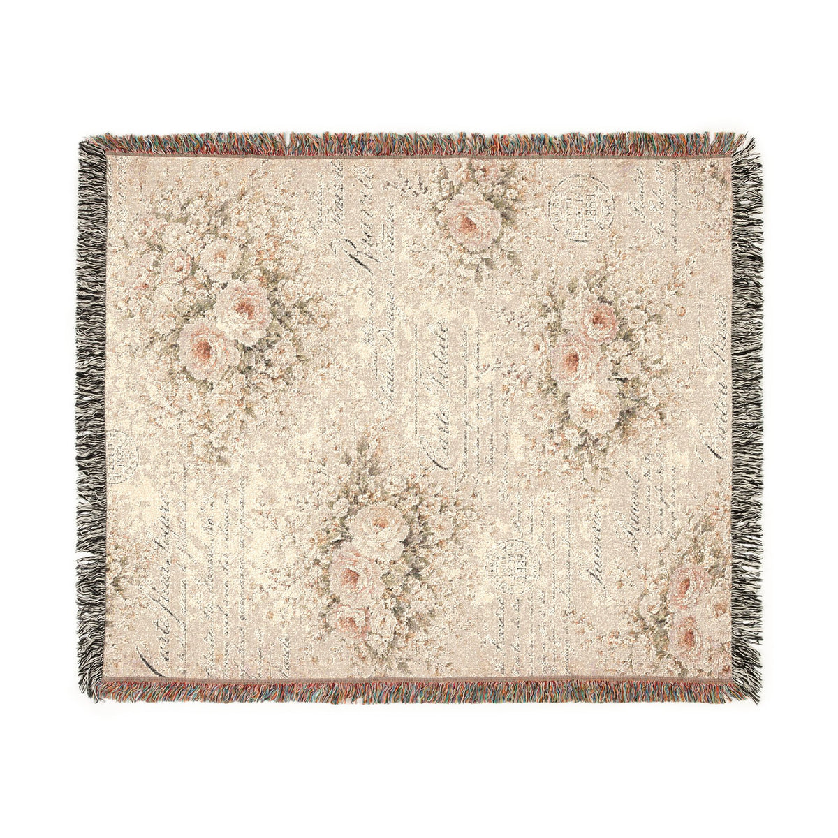 Pink Cream Roses French Script Floral Woven Throw Blanket, French Country Fringed Quilt, Victorian Shabby Chic Tapestry Decor