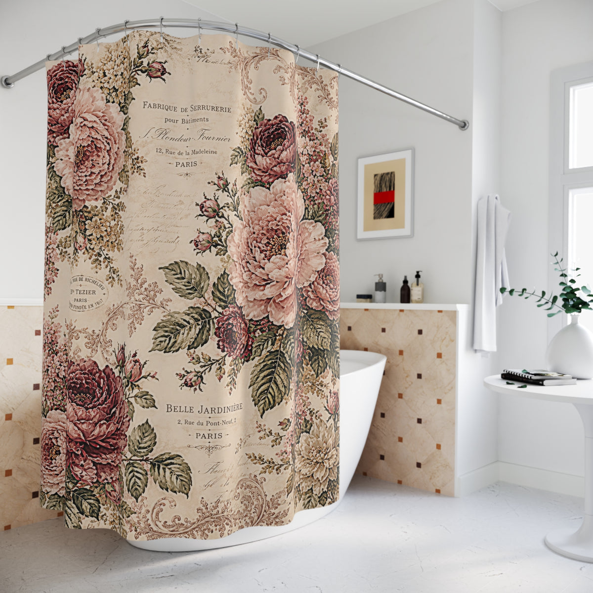 Blush Rose Fabric Shower Curtain, Vintage French Script Floral, Burgundy Pink Peonies, Shabby Chic Victorian Bathroom Decor
