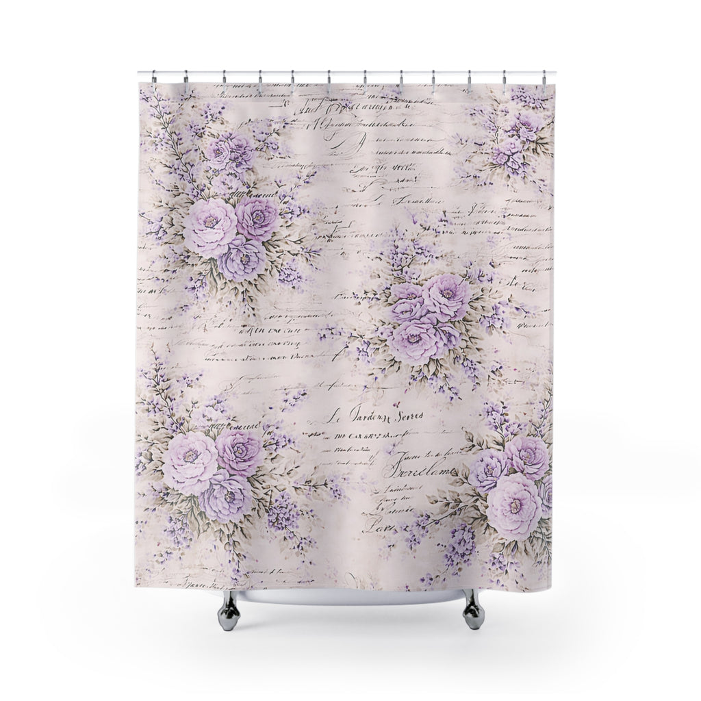 Chateaucore Lavendar Roses Floral Shower Curtain, Victorian Bathroom Decor, French Script Country, Shabby Chic, Housewarming Wedding Gift