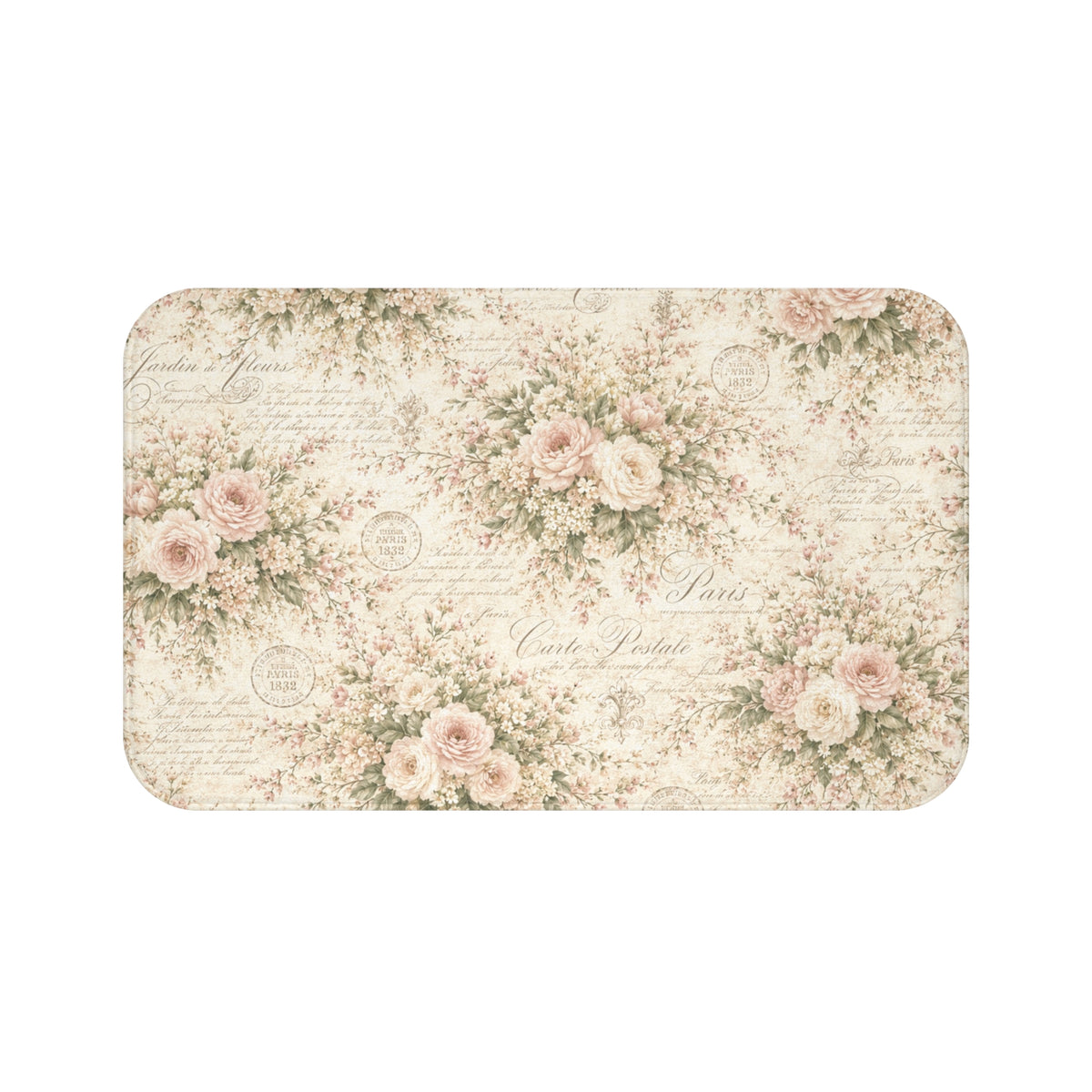 Love Letter Chateau Memory Foam Bathmat, Ivory Blush Rose French Script, Romantic Chateaucore Victorian Floral Soft Mat