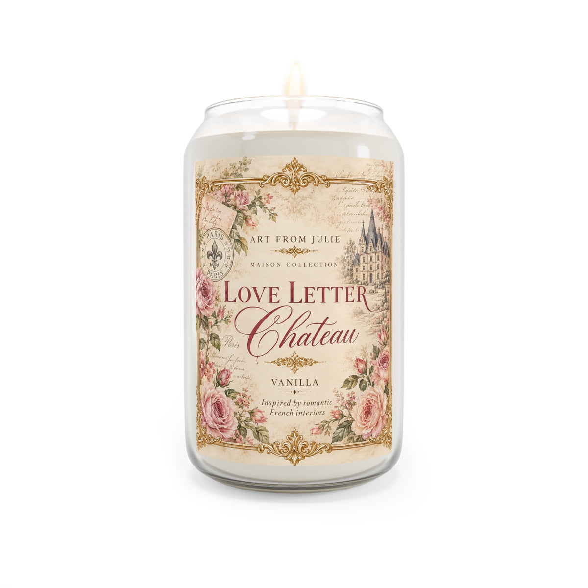 Vanilla 'Love Letter Chateau' Scented Soy Candle — 13.75oz Pink Rose Castle Decor