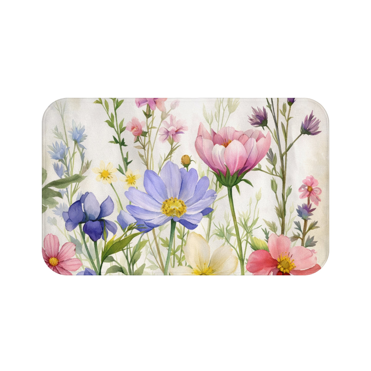 Colorful Wildflower Memory Foam Bathmat, Pink Blue Purple Floral Bathroom Throw Bath Mat Rug, Cottagecore Botanical Garden Decor