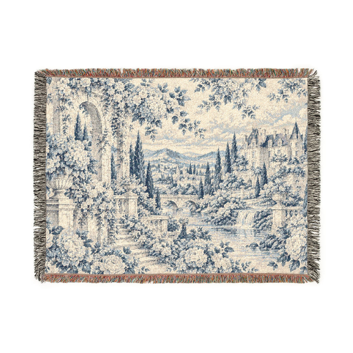 Faded Blue & Ivory Toile de Jouy Chateau Woven Blanket – French Country Tapestry Throw, Romantic Vintage Decor