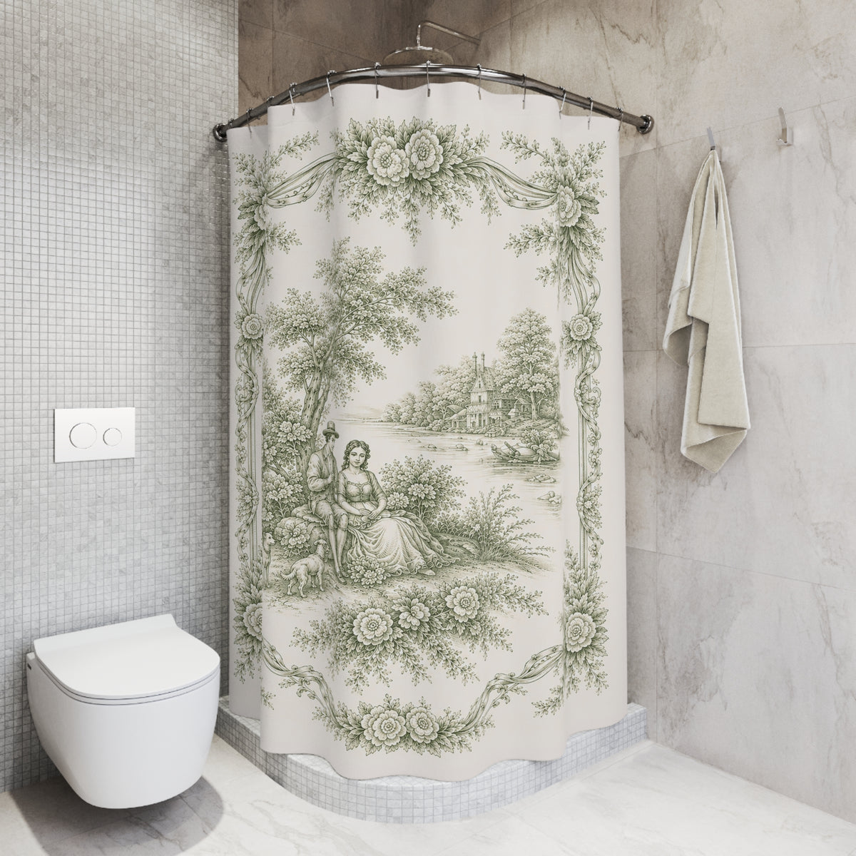 Sage Green French Toil Floral Shower Curtain, Victorian Bathroom Decor, Vintage Country Cottage, Shabby Chic, Farmhouse, Housewarming Gift