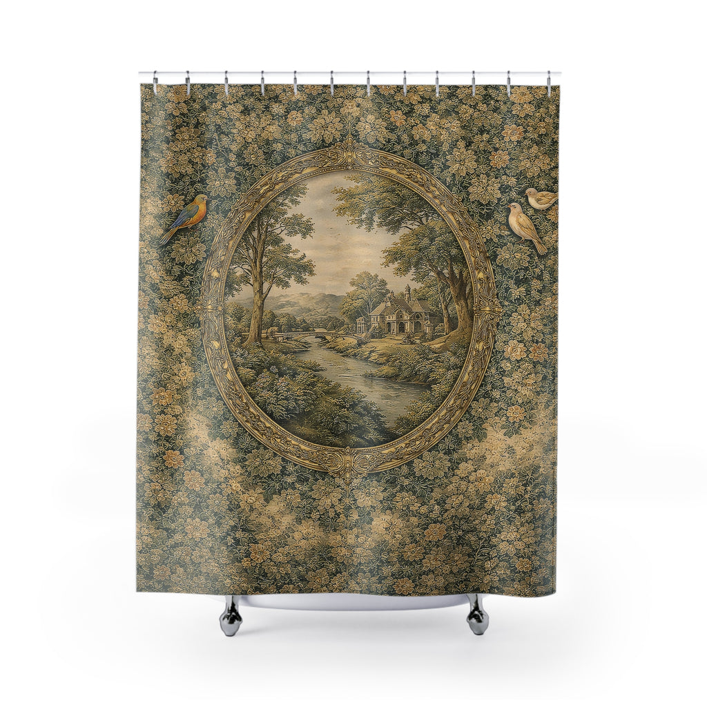 Verdure Green Forestcore Chateaucore Shower Curtain, Victorian Bathroom Decor, French Country Chateau, Shabby Chic Housewarming Wedding Gift