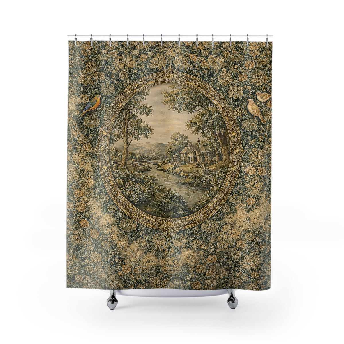 Verdure Green Forestcore Chateaucore Shower Curtain, Victorian Bathroom Decor, French Country Chateau, Shabby Chic Housewarming Wedding Gift