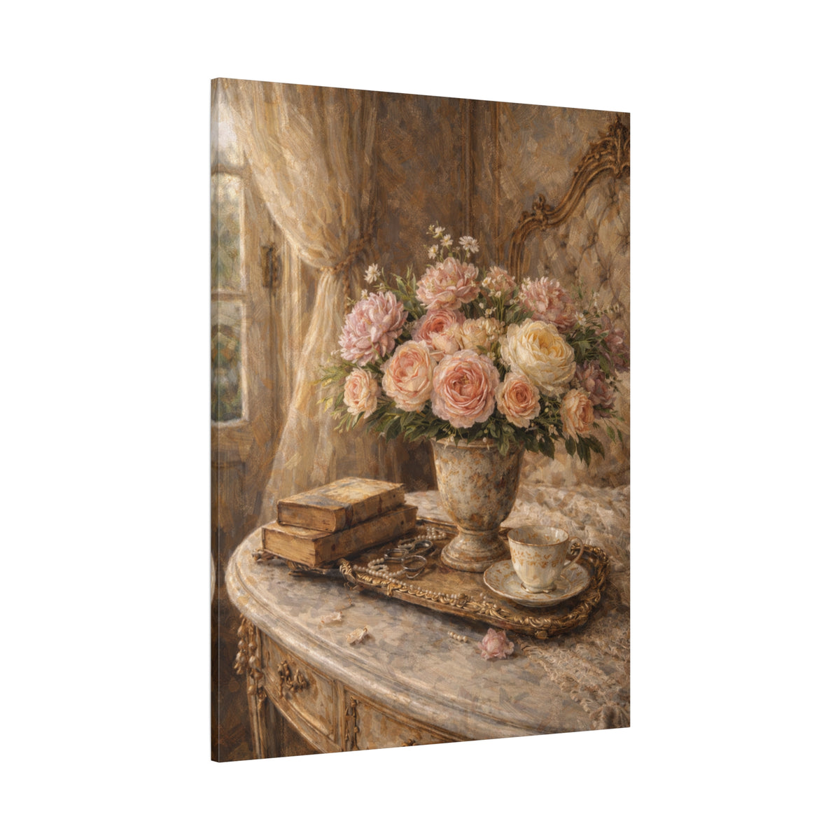 French Country Books Roses Canvas Wall Art Print, Chateaucore Floral Wall Hanging Decor, Victorian Romantic Home Decor, Gift Mom Grandma