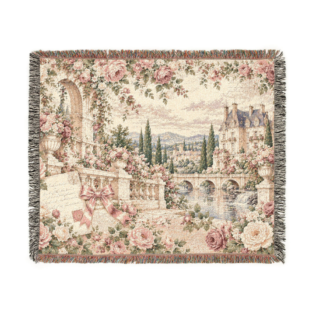 Love Letter Chateau Roses Woven Blanket – Vintage French Floral Tapestry Throw, Romantic Cottagecore Decor