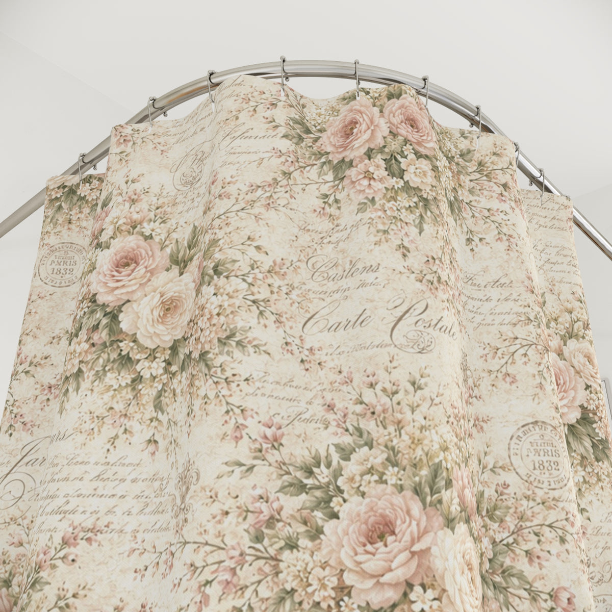 Love Letter Chateau Shower Curtain, Blush Pink Cream Shabby Chic Rose French Script Bathroom Decor