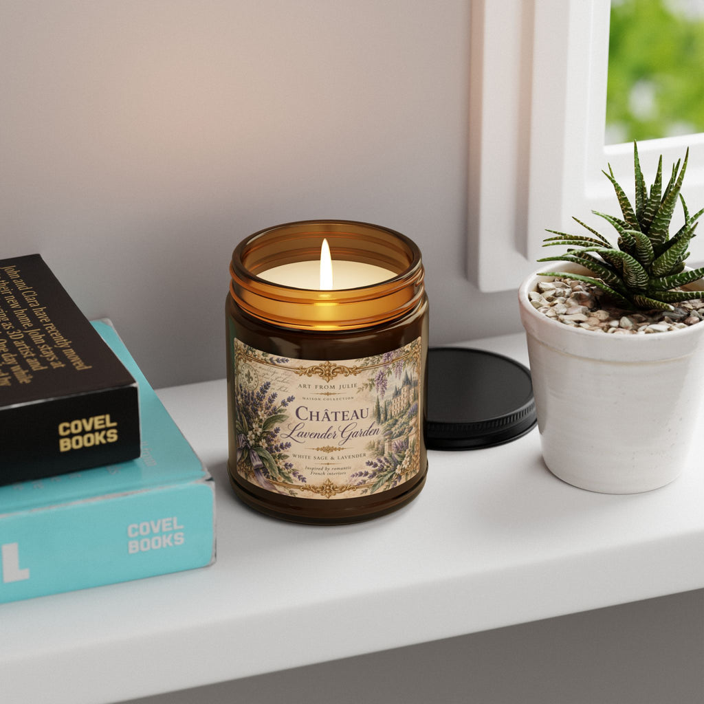 Château Lavender Garden Candle, White Sage Lavender Scented Soy Candle in Amber Jar, French Country Chateaucore Home Décor Gift