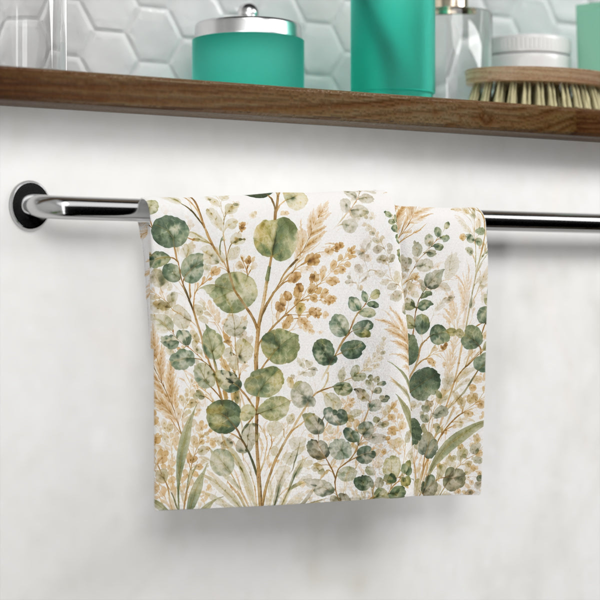 Eucalyptus Pampas Grass Washcloth – Sage Green Botanical Spa Face Cloth, Neutral French Country Cottage Bathroom Decor