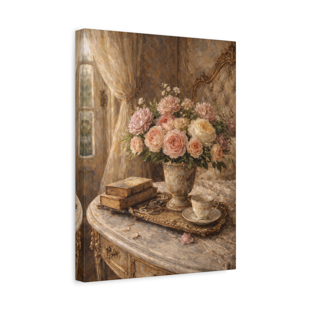 French Country Books Roses Canvas Wall Art Print, Chateaucore Floral Wall Hanging Decor, Victorian Romantic Home Decor, Gift Mom Grandma