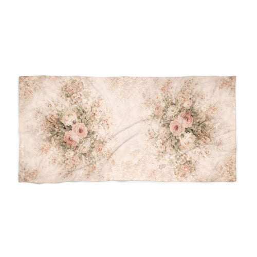 Antique Peachy Blush Pink Large Bath Towel, Vintage French Country Floral Oversized Bath Sheet, Shabby Chic Chateaucore Bathroom Decor