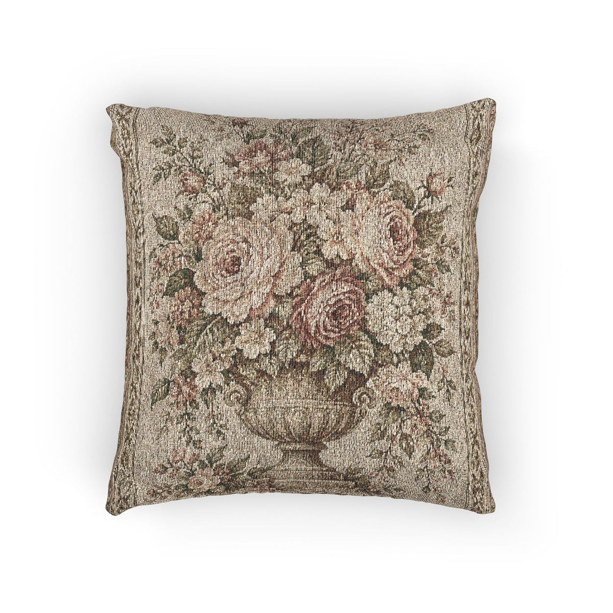 Vintage Aubusson Rose Urn Woven Tapestry Pillow – French Country Floral Chateaucore Shabby Chic Textured Layering Accent Pillow