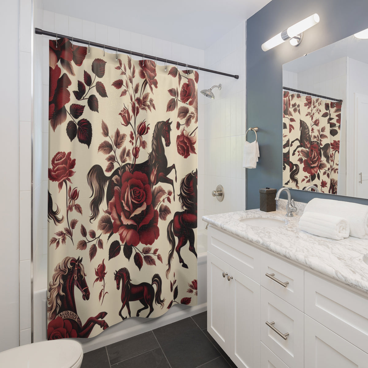 Red Rose Horse French Toil Floral Fabric Shower Curtain, Victorian Bathroom Decor, Vintage Romantic Equestrian Country Shabby Chic