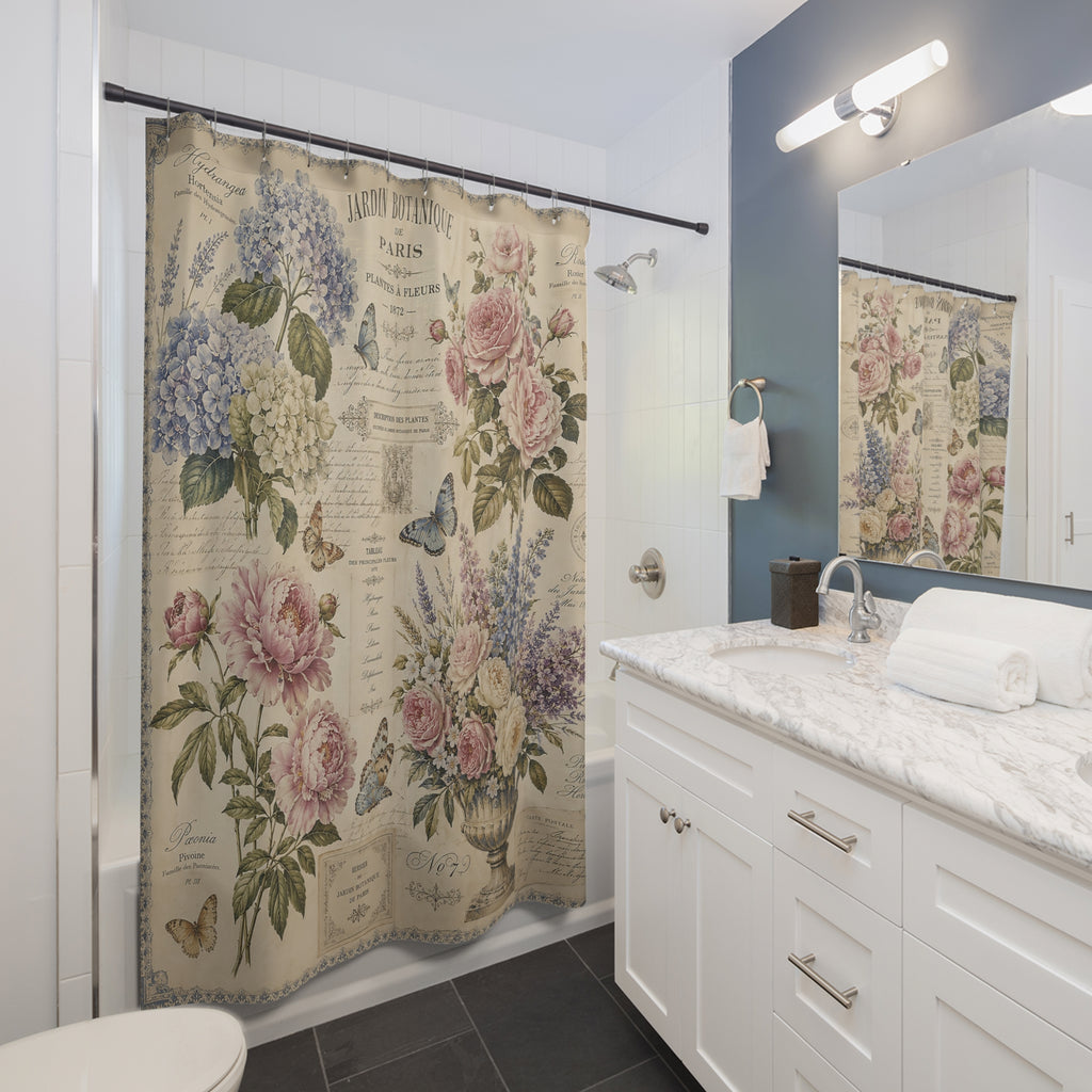 French Botanical Script Fabric Shower Curtain, Hydrangea Roses Peonies Butterflies, Vintage Floral French Country Bathroom