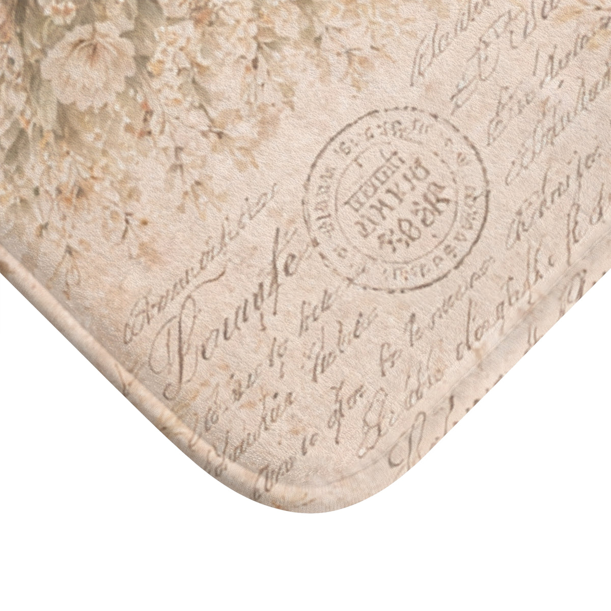 Blush Pink Rose Memory Foam Bathmat, Vintage French Script Floral Bathroom Rug, Shabby Chic French Country Chateaucore Victorian Decor