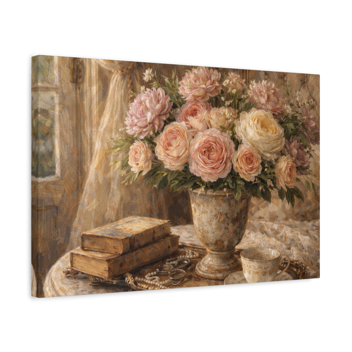 French Country Books Roses Canvas Wall Art Print, Chateaucore Floral Wall Hanging Decor, Victorian Romantic Home Decor, Gift Mom Grandma