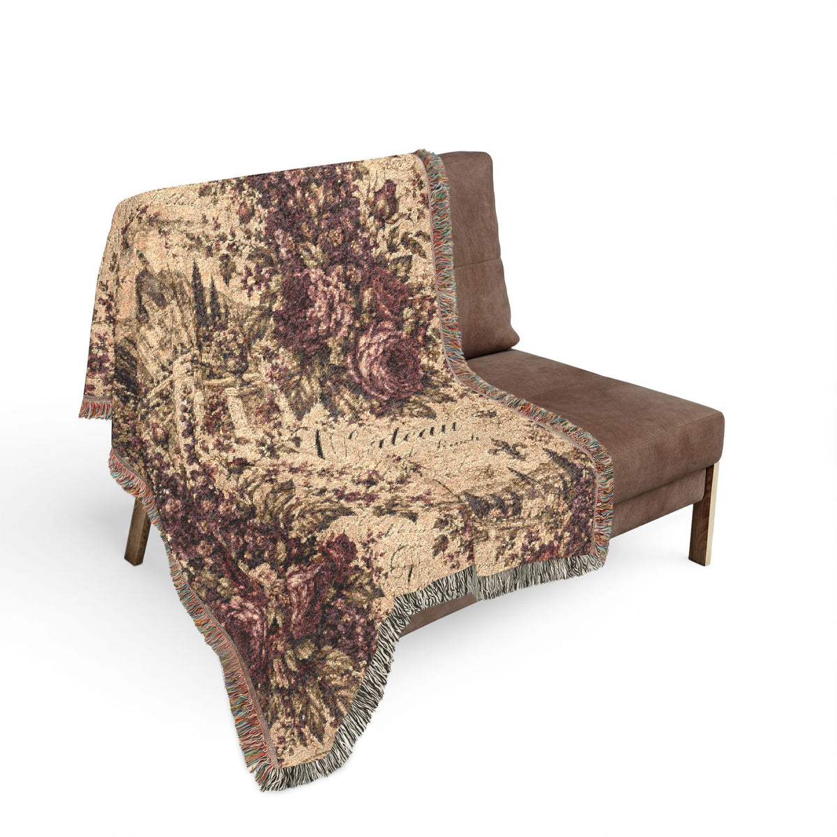 Delphinium French Script Woven Throw Blanket – Merlot Plum Vintage Tapestry Chateaucore Floral Fringed Decorative Quilt