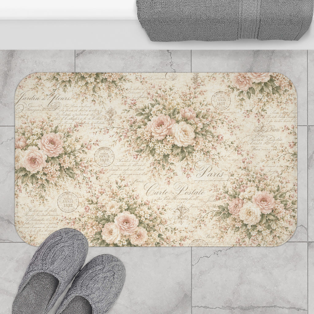 Love Letter Chateau Memory Foam Bathmat, Ivory Blush Rose French Script, Romantic Chateaucore Victorian Floral Soft Mat