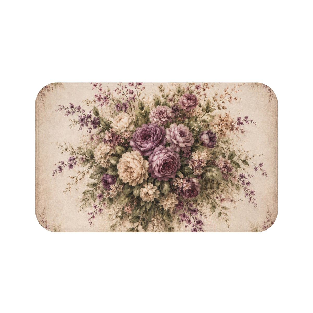 Vintage Plum Rose Memory Foam Bathmat, French Country Floral Bathroom Rug, Victorian Chateaucore Shabby Chic Cottage Botanical Decor
