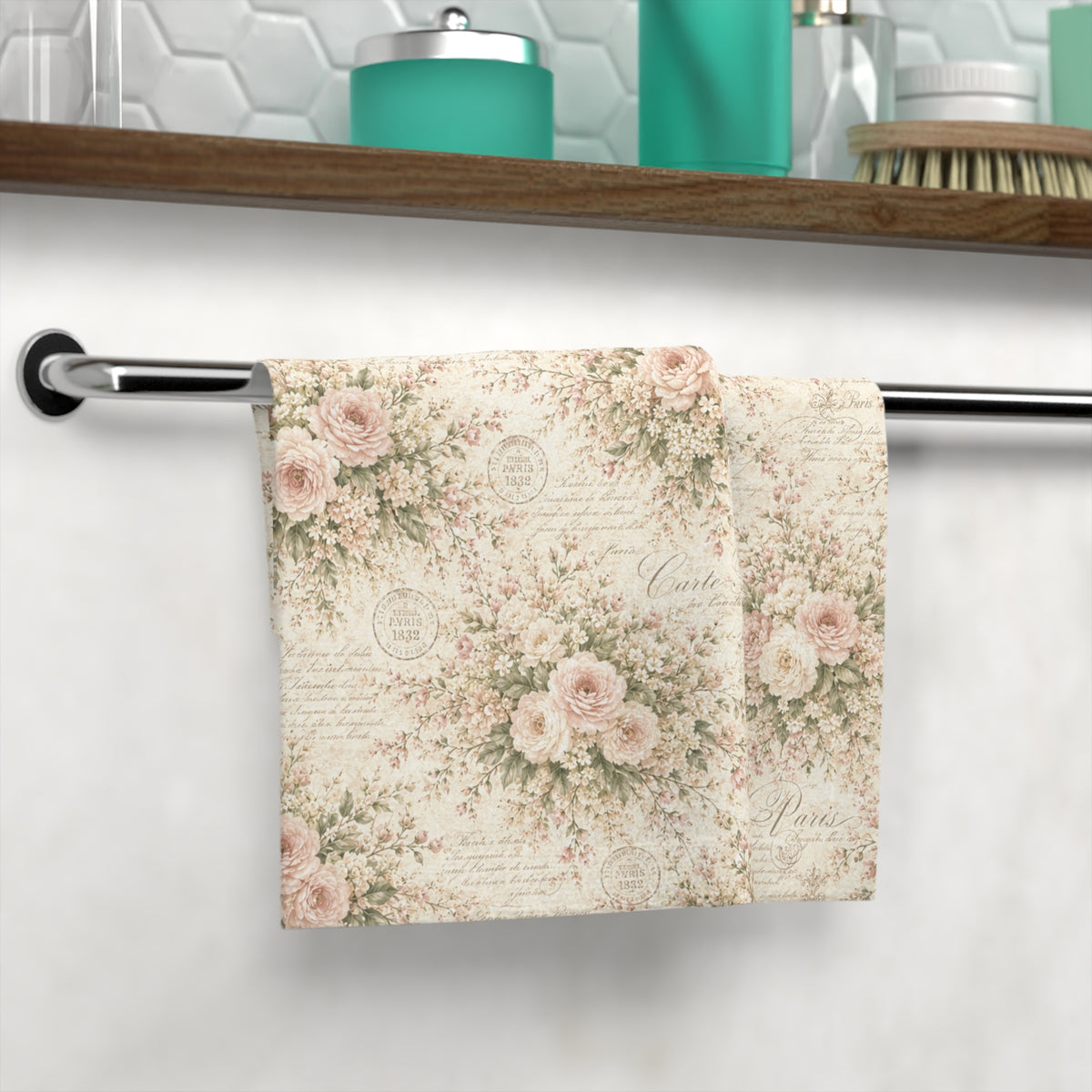 Love Letter Chateau Washcloth, Soft Blush Pink Cream Face Cloth, French Country Script Shabby Chic Victorian Cottagecore Bathroom Decor