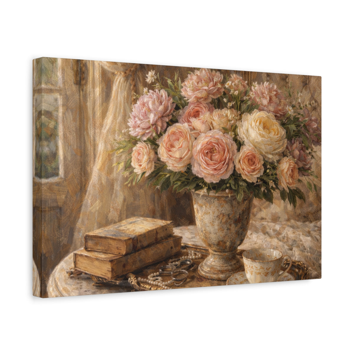 French Country Books Roses Canvas Wall Art Print, Chateaucore Floral Wall Hanging Decor, Victorian Romantic Home Decor, Gift Mom Grandma