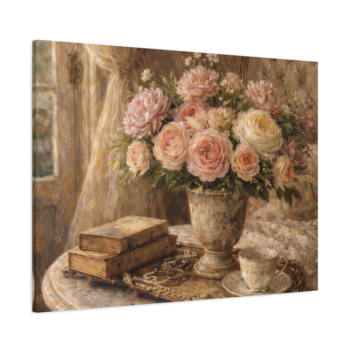French Country Books Roses Canvas Wall Art Print, Chateaucore Floral Wall Hanging Decor, Victorian Romantic Home Decor, Gift Mom Grandma