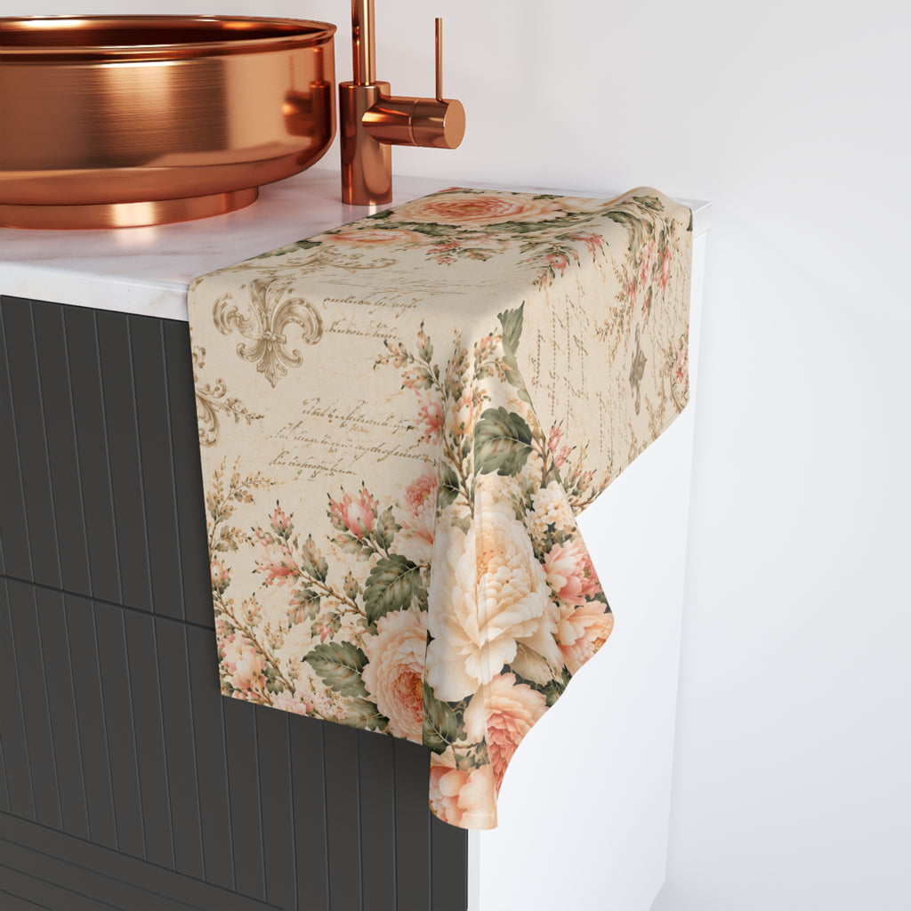 Peach Rose Château Hand Towel, French Country Script Fleur de Lis, Peach Floral Towel, Soft Sage Chateaucore Bathroom Decor